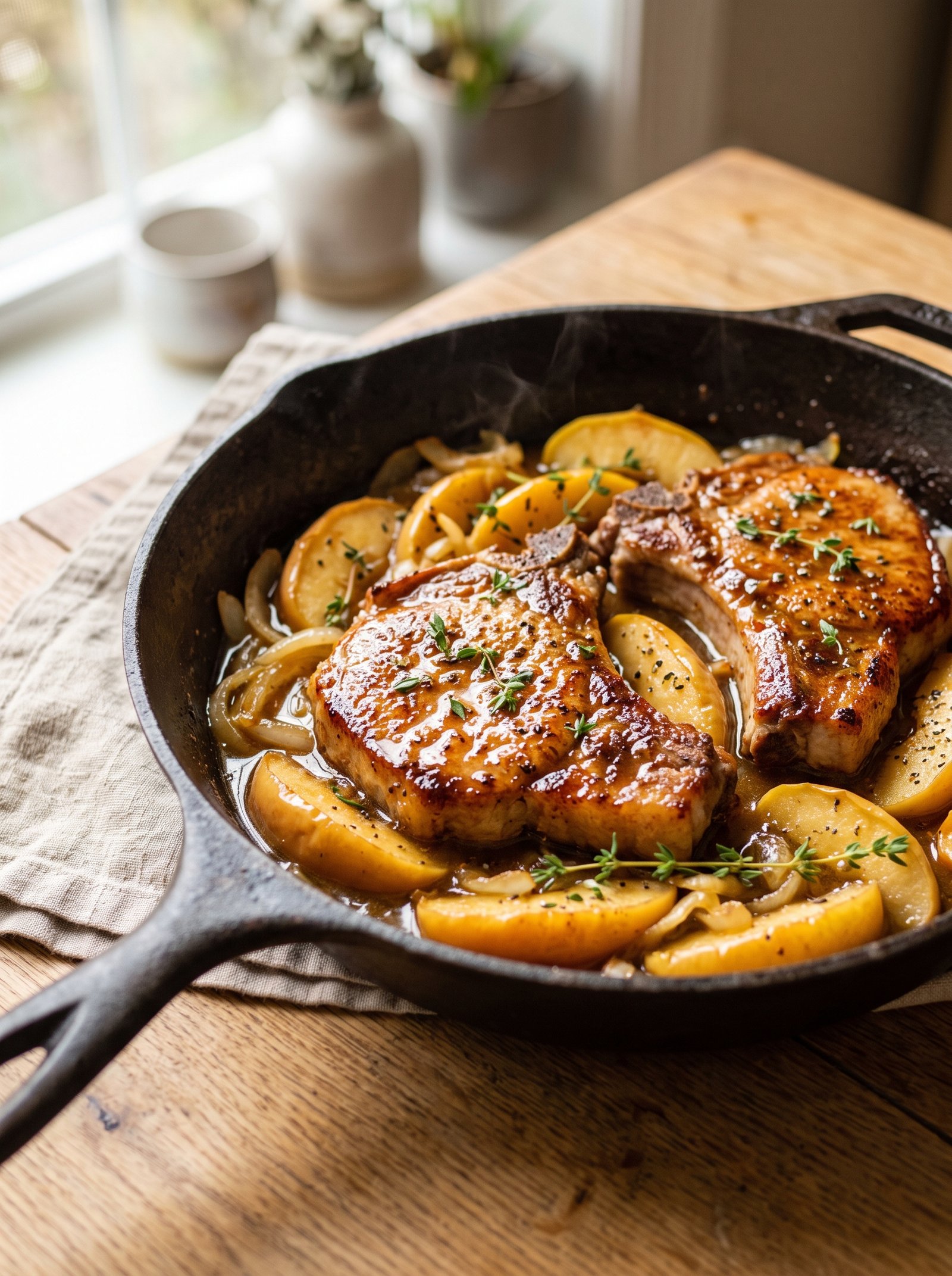 Apple cider pork chops with tender apples and onions in a skillet