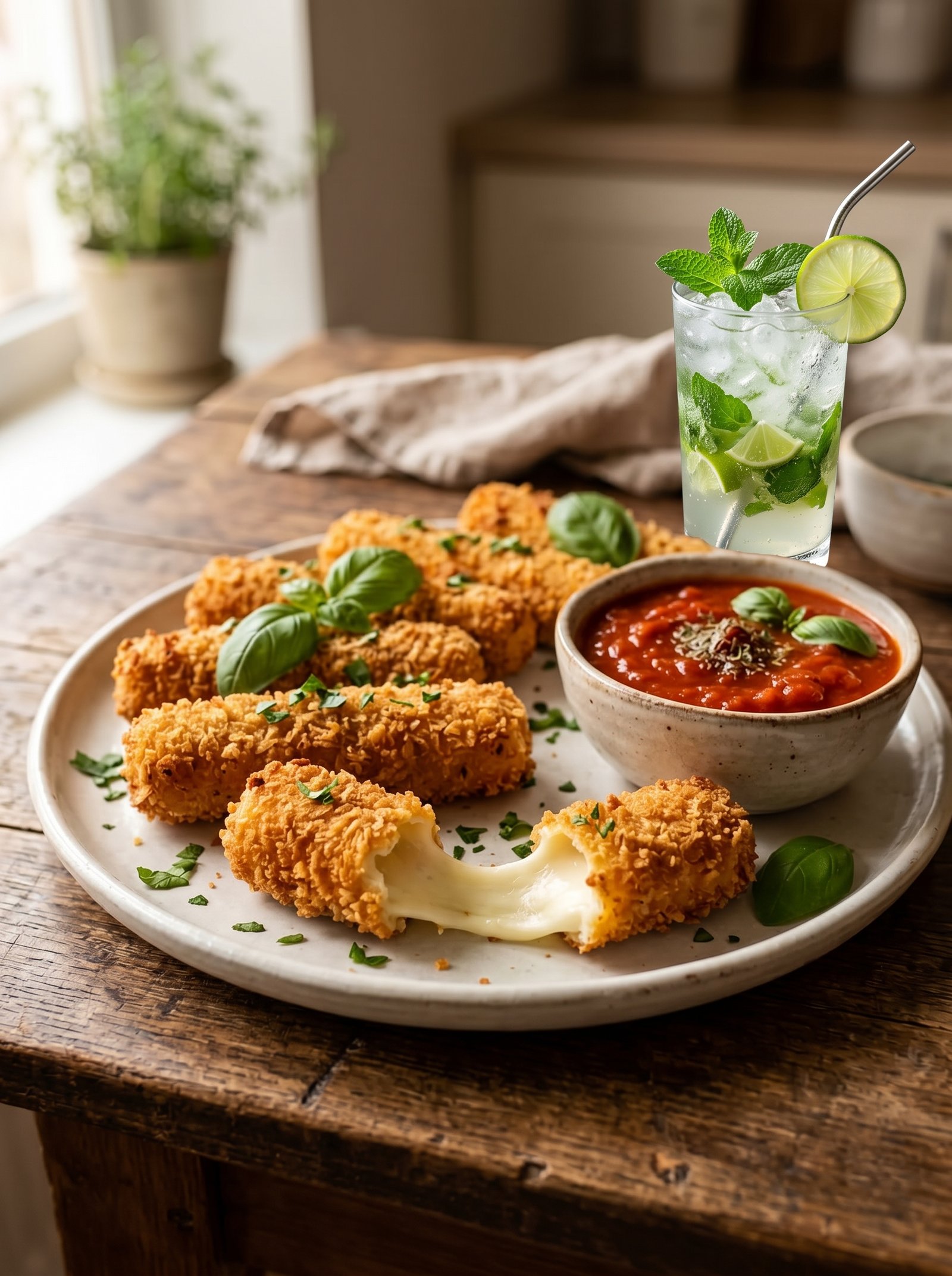 Baked Mozzarella Sticks with crispy coating and marinara sauce
