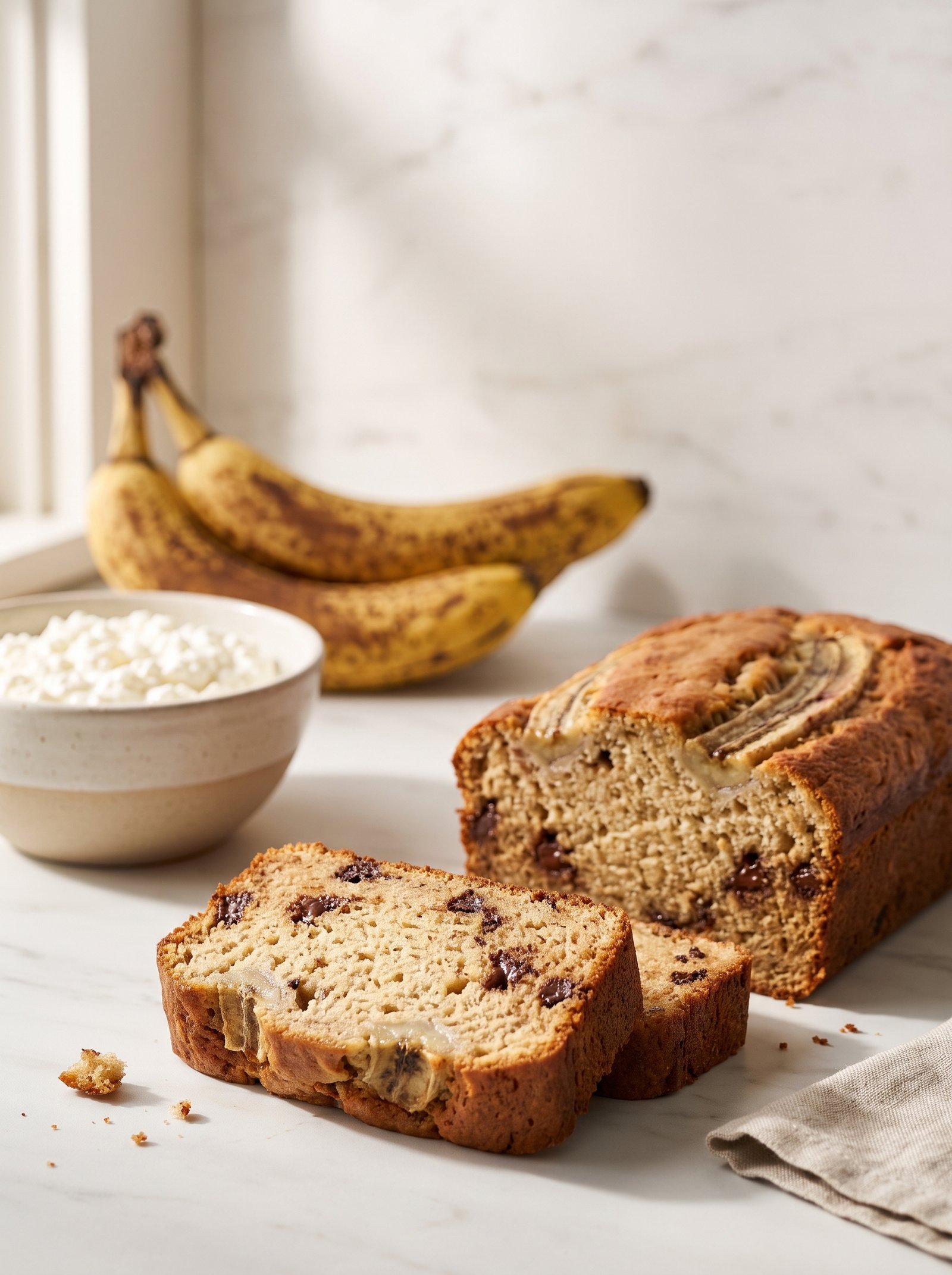Cottage cheese in banana bread with ripe bananas and cinnamon