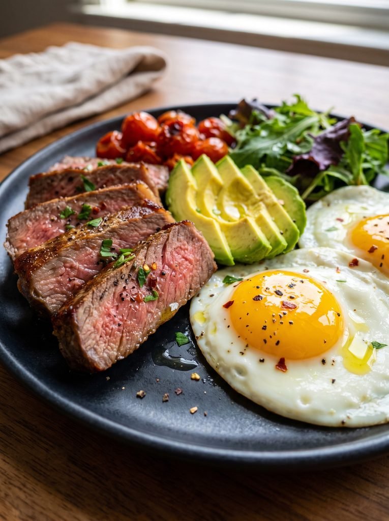 Beef Steak with Avocado and Eggs served with fried eggs and fresh avocado