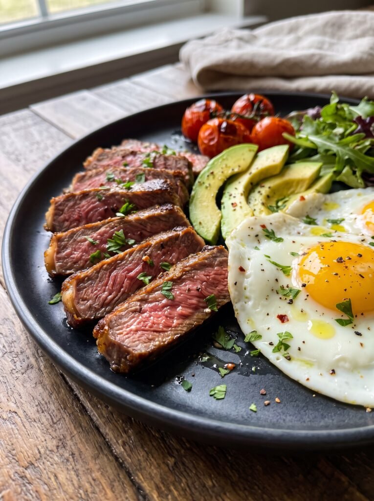 Sliced beef steak with avocado and fried eggs