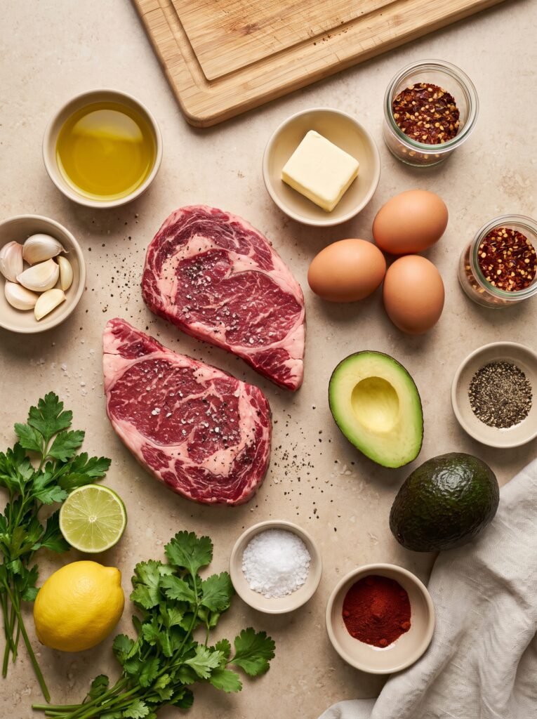 Ingredients for Beef Steak with Avocado and Eggs recipe