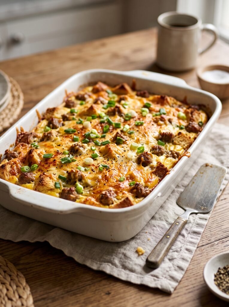Sausage, Egg & Cheese Breakfast Casserole topped with melted cheddar and fresh scallions