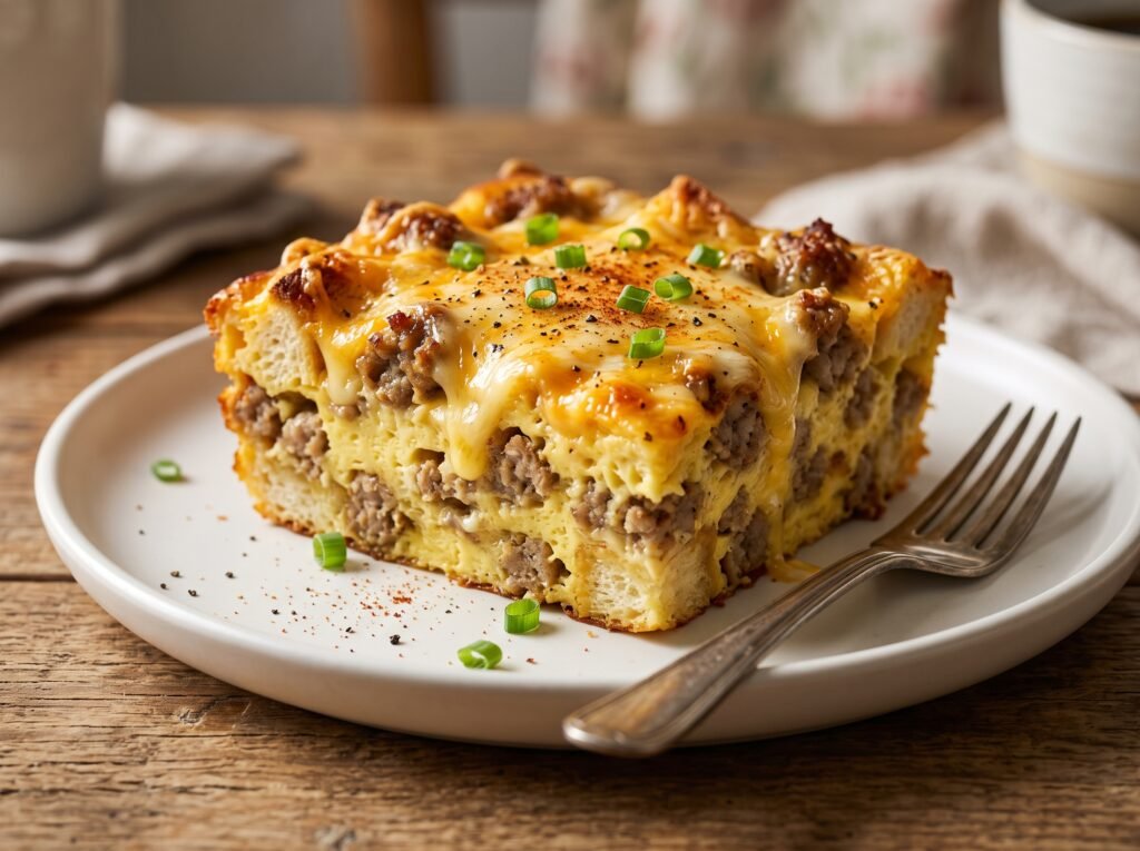 Close-up slice of fluffy Sausage, Egg & Cheese Breakfast Casserole on a white plate