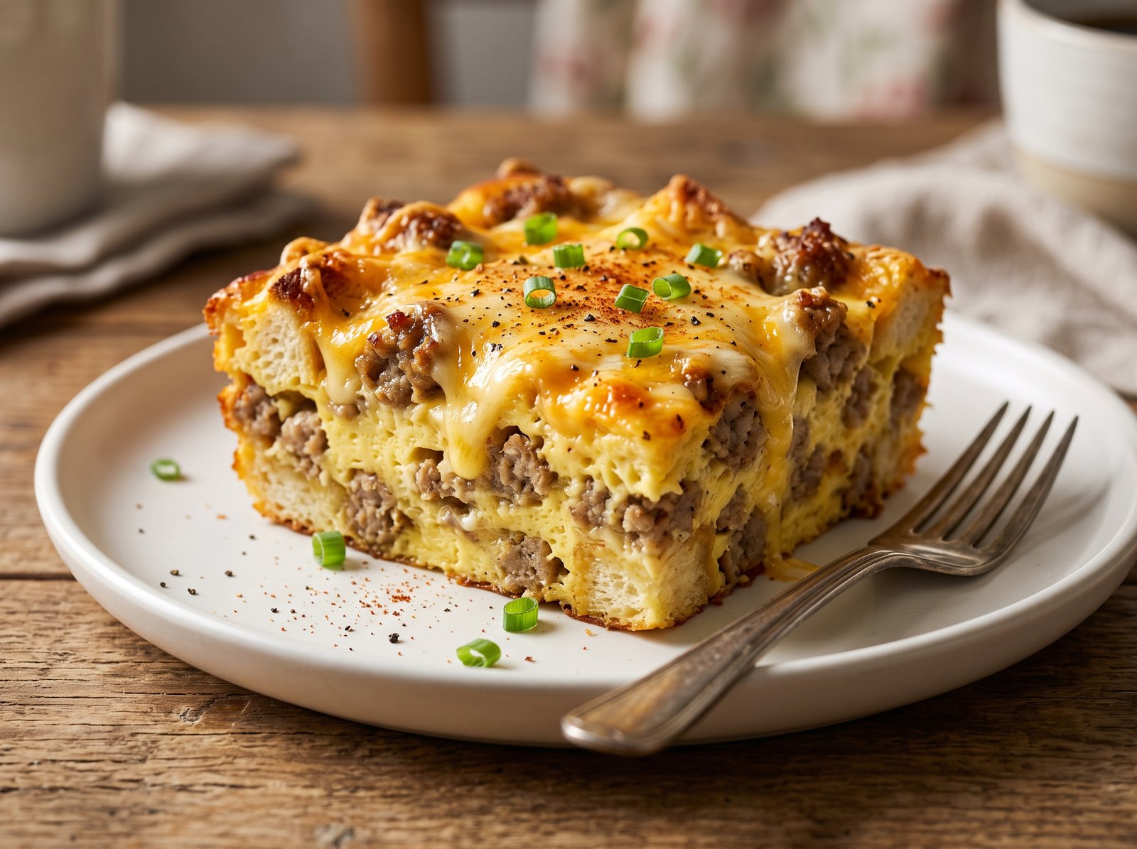 Close-up slice of fluffy Sausage, Egg & Cheese Breakfast Casserole on a white plate