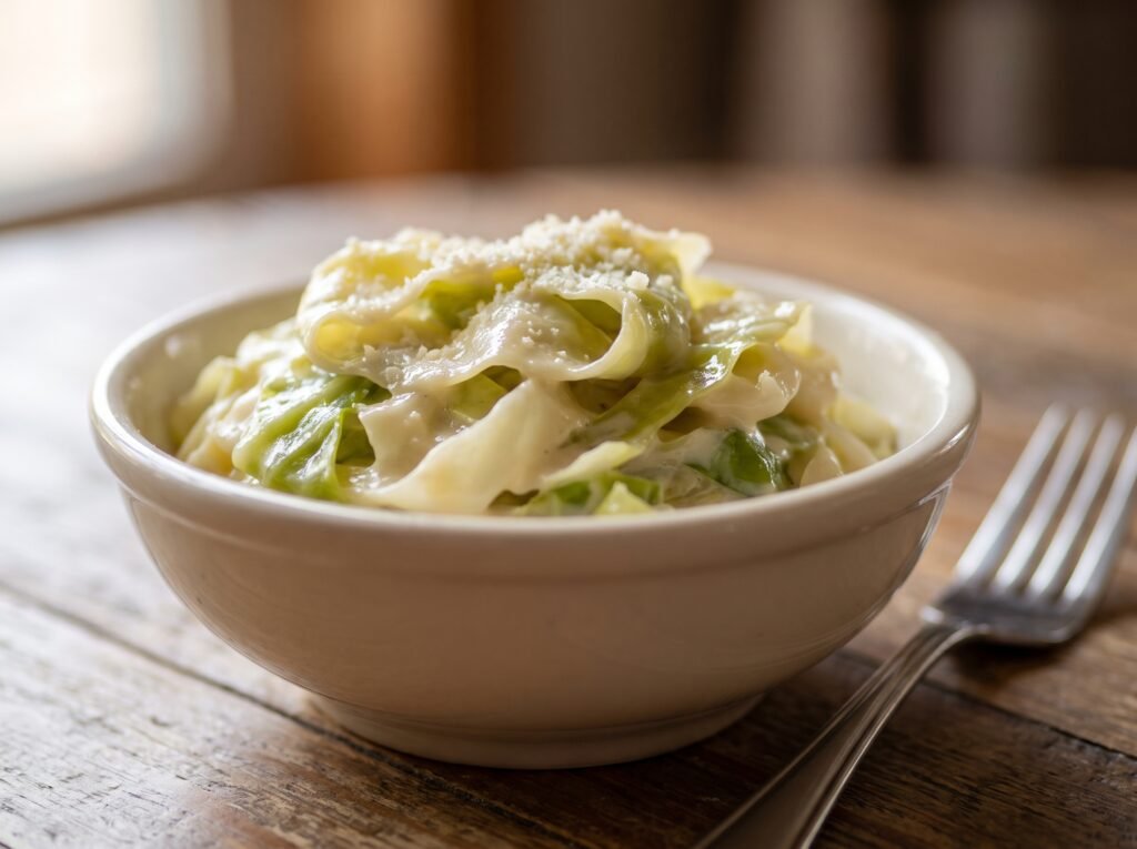 Close-up of creamy Parmesan sauce coating tender cabbage ribbons