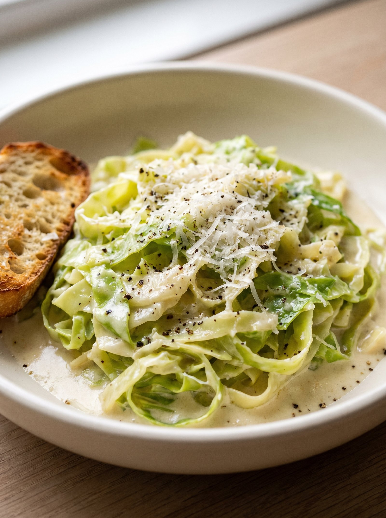 Bowl of creamy cabbage Alfredo topped with Parmesan and black pepper