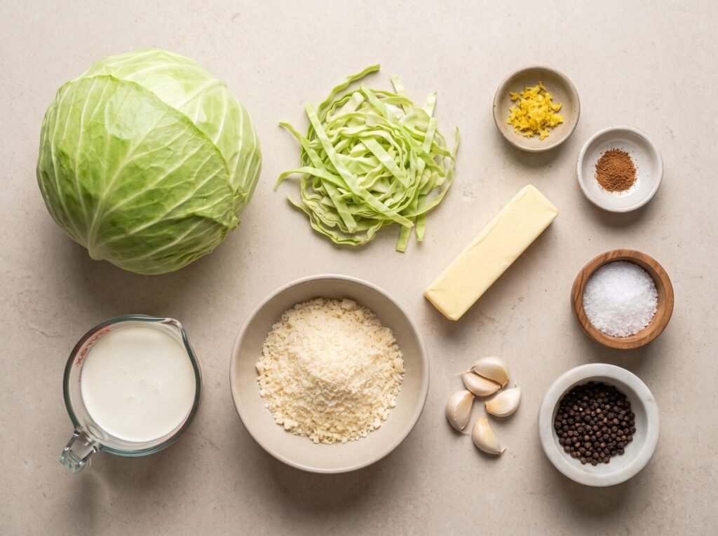 Cabbage, garlic, cream, butter, and Parmesan for cabbage Alfredo