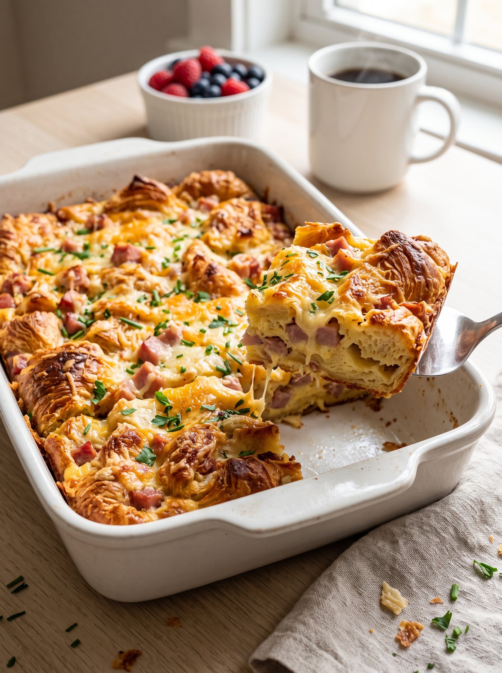 Ham and cheese croissant breakfast casserole with melted cheese and golden croissants