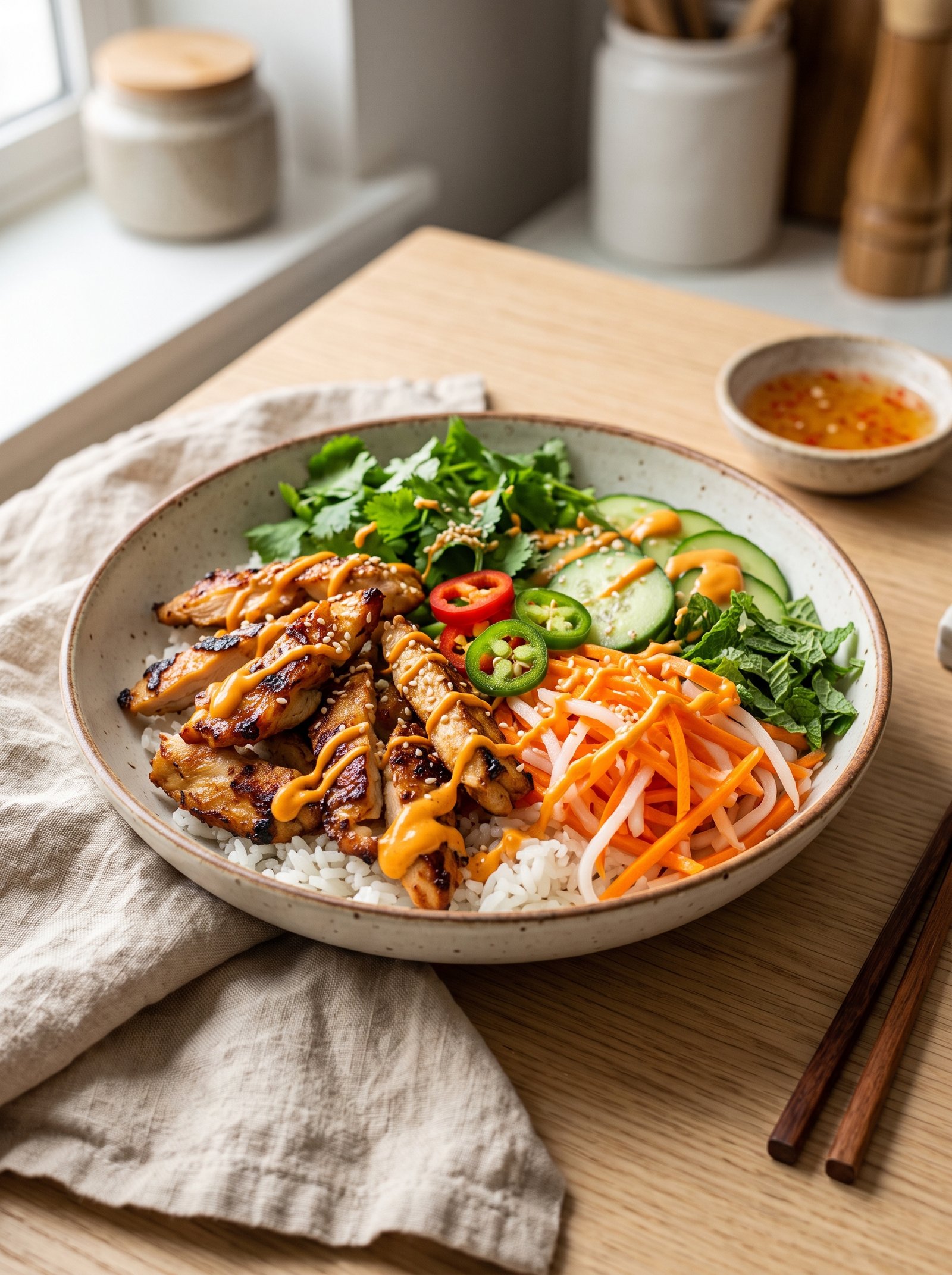 A colorful Chicken Bánh Mì Bowl featuring seared lemongrass chicken, pickled carrots, cucumbers, and spicy sauce over jasmine rice.