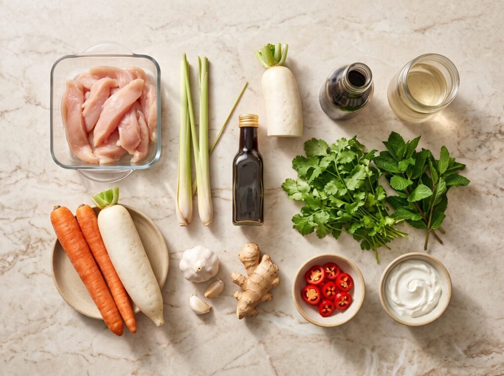 Raw ingredients for Chicken Bánh Mì Bowls including lemongrass, chicken, daikon, carrots, tamari, and fresh cilantro.