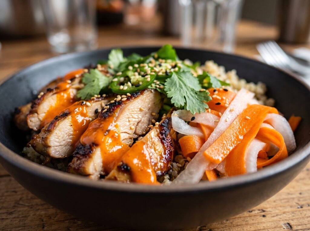 Close-up of seared caramelized lemongrass chicken with spicy sriracha yogurt sauce and pickled carrots.