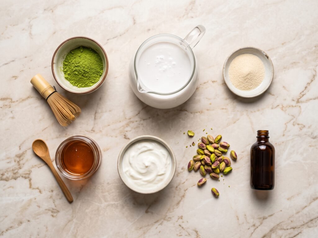 Raw ingredients for Coconut Matcha Panna Cotta including ceremonial matcha, coconut milk, gelatin, and pistachios.