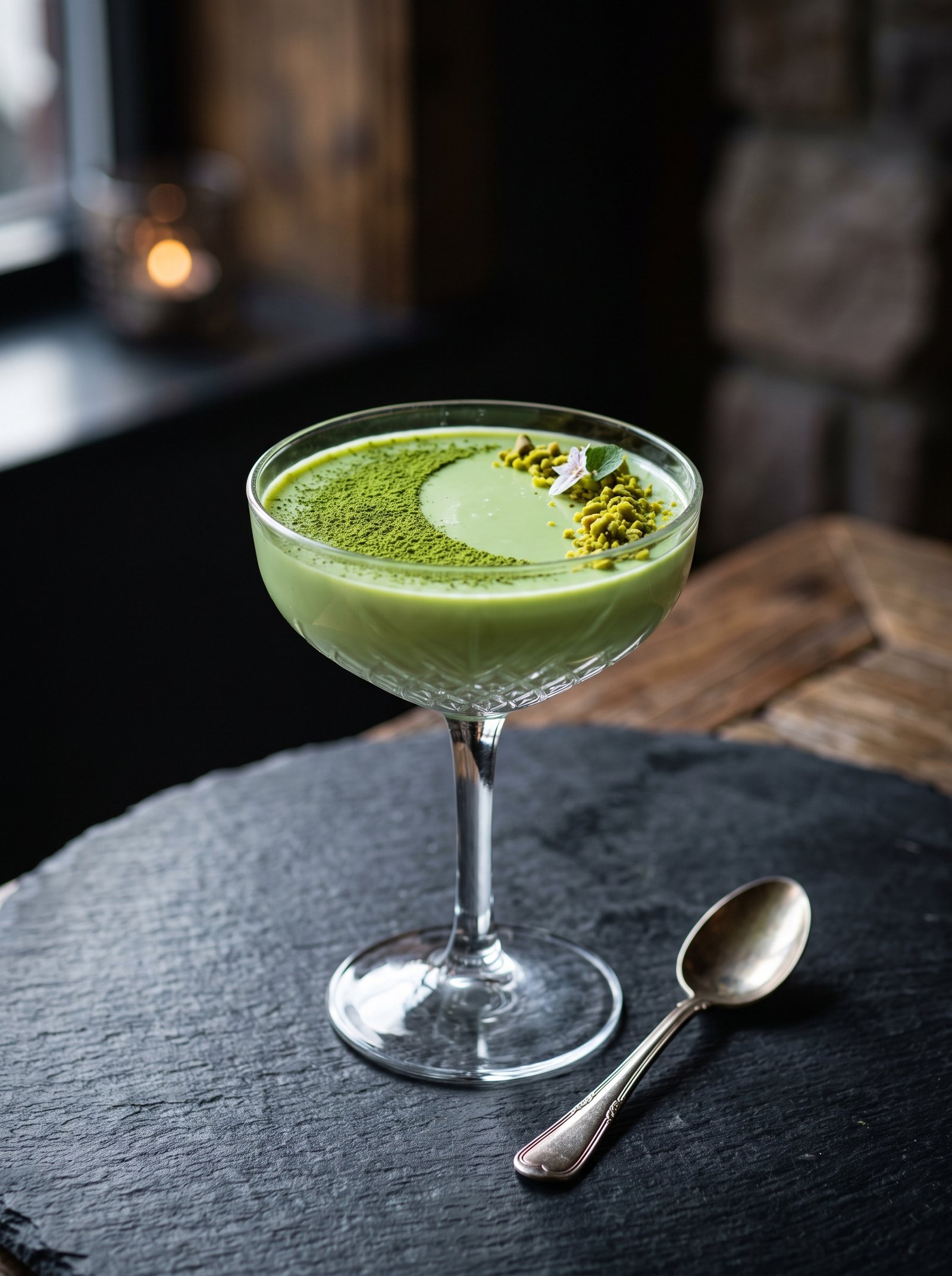 An elegant crystal coupe glass filled with bright green Coconut Matcha Panna Cotta garnished with crushed pistachios.