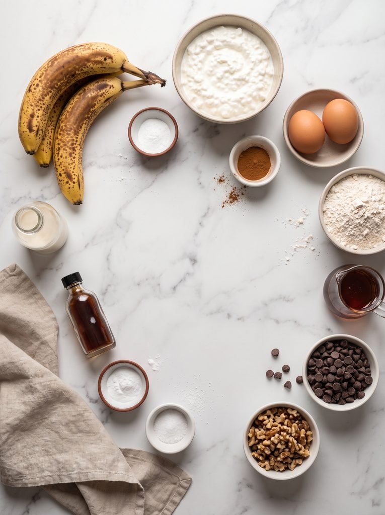 Cottage cheese in banana bread ingredients with ripe bananas, eggs, flour, and cinnamon