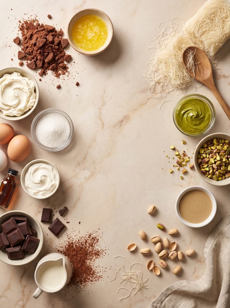 Dubai Chocolate Cheesecake ingredients with pistachio cream, kataifi, chocolate, and cream cheese