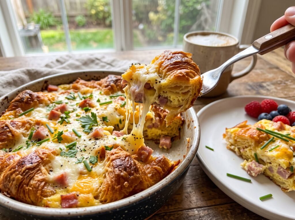 Serving of ham and cheese croissant casserole with melted cheese