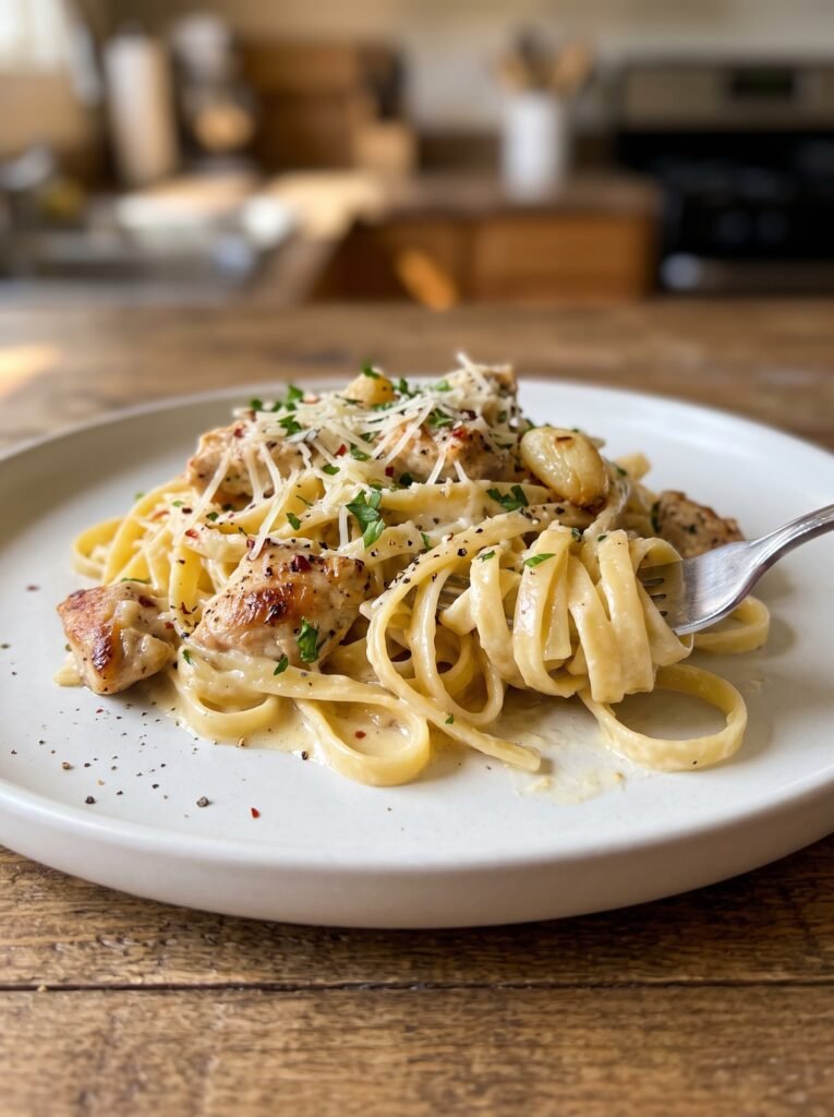 Creamy Garlic Parmesan Chicken Pasta with tender chicken and Parmesan