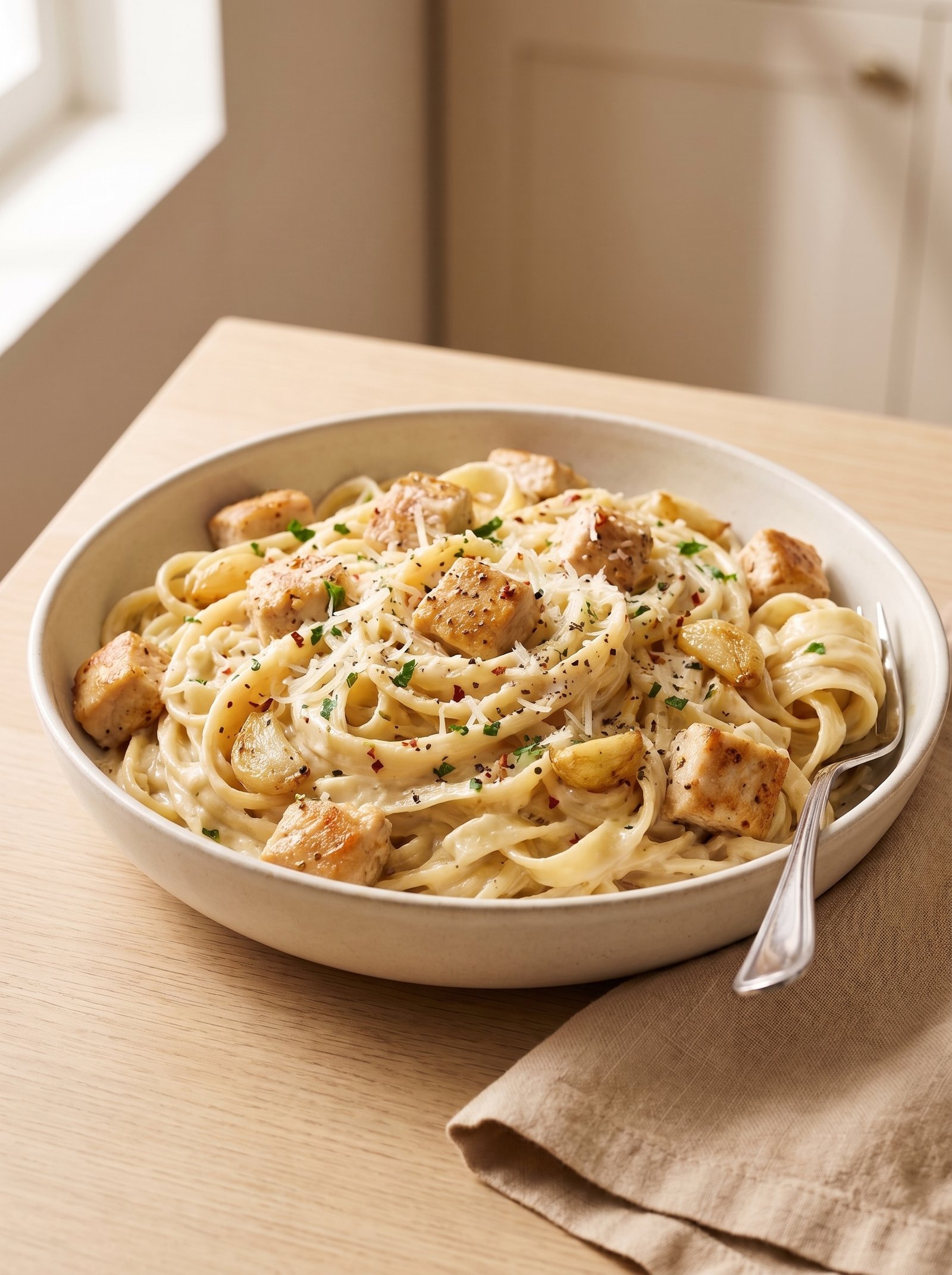 Garlic Parmesan Chicken Pasta with creamy sauce and golden chicken