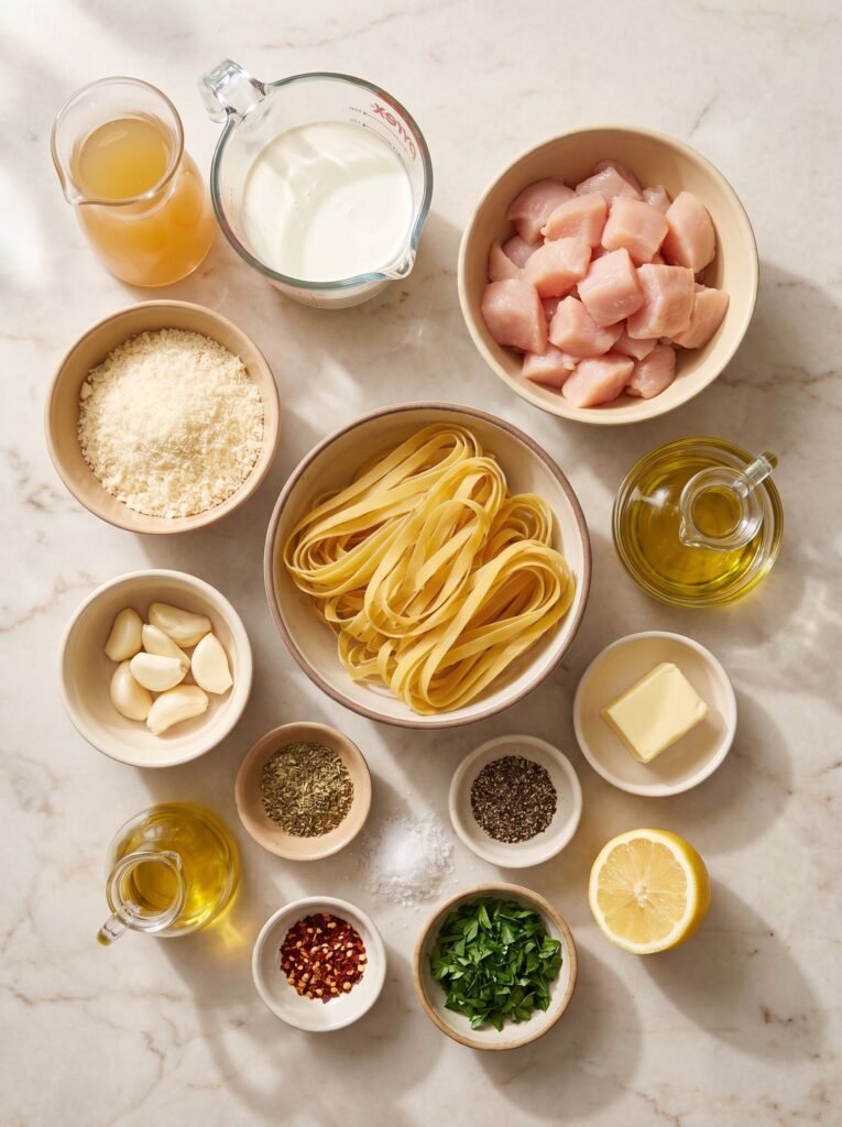 Garlic Parmesan Chicken Pasta ingredients with chicken, pasta, garlic, and Parmesan