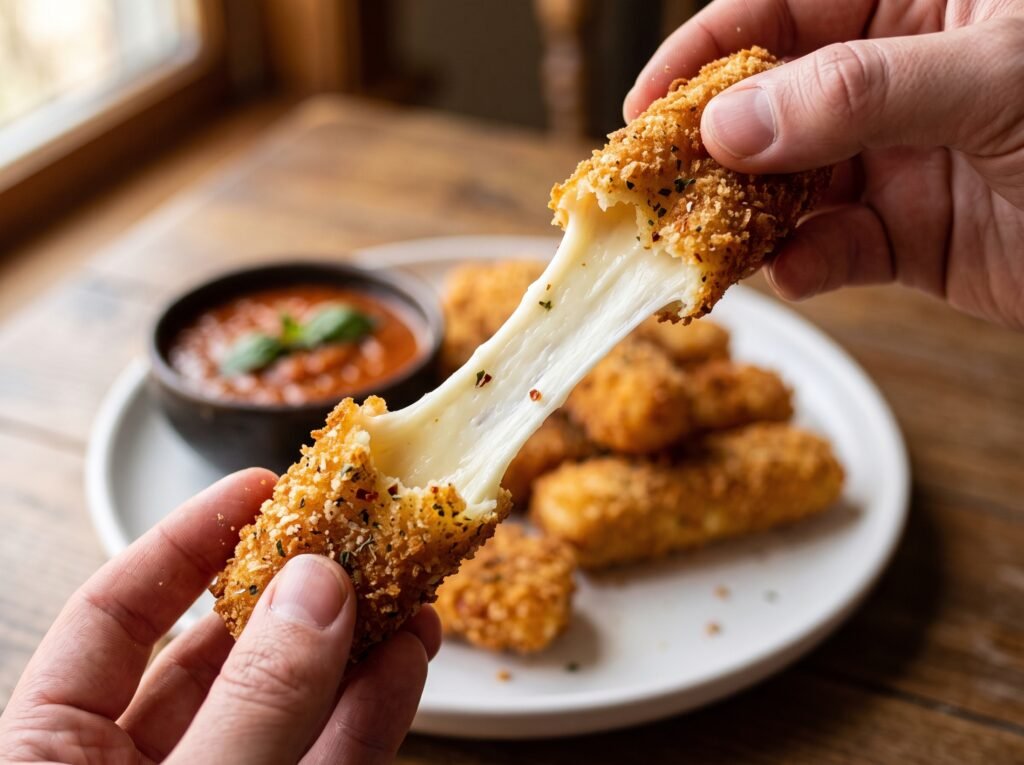 Crispy baked mozzarella stick with gooey melted cheese pull