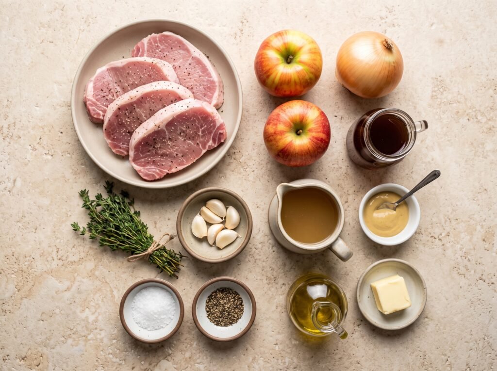 Ingredients for apple cider pork chops arranged on a light surface