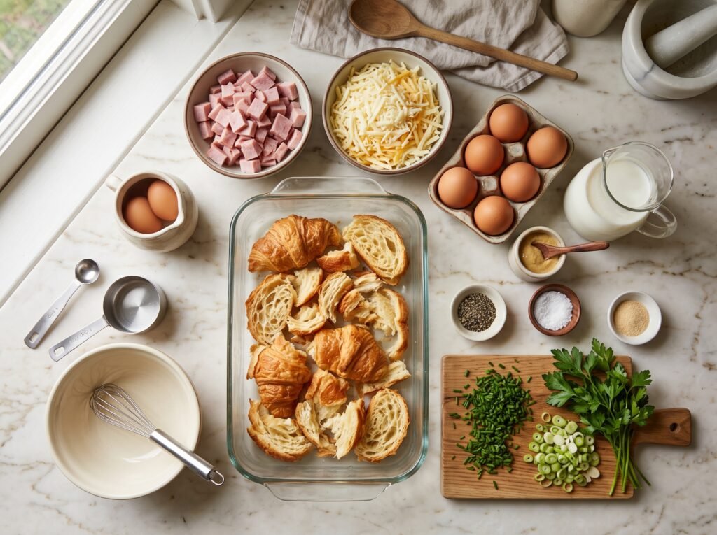 Ingredients for ham and cheese croissant breakfast casserole