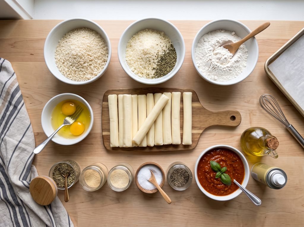 Ingredients for homemade baked mozzarella sticks