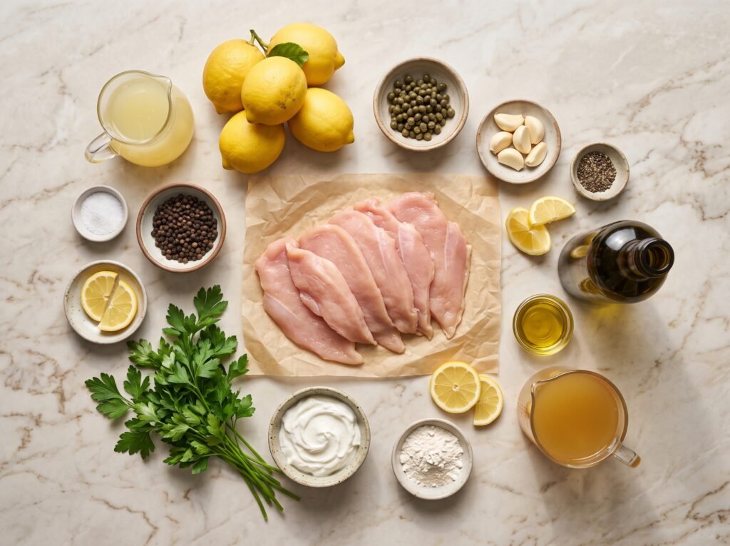 Fresh ingredients for Creamy Lemon Chicken Piccata including lemons, capers, chicken breast, and garlic.