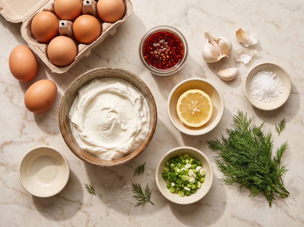 Ingredients for a Savory Yogurt Bowl including Greek yogurt, eggs, garlic, lemon, and chili crisp.