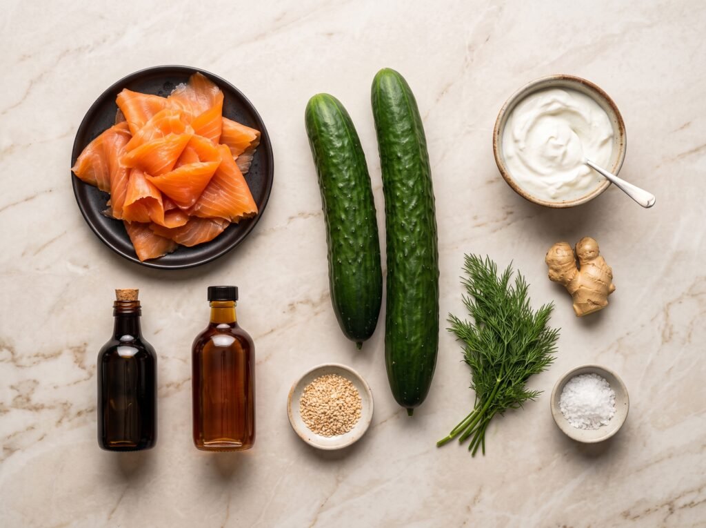 Fresh ingredients for Smoked Salmon & Cucumber Bites including cucumbers, smoked salmon, Greek yogurt, and fresh ginger.