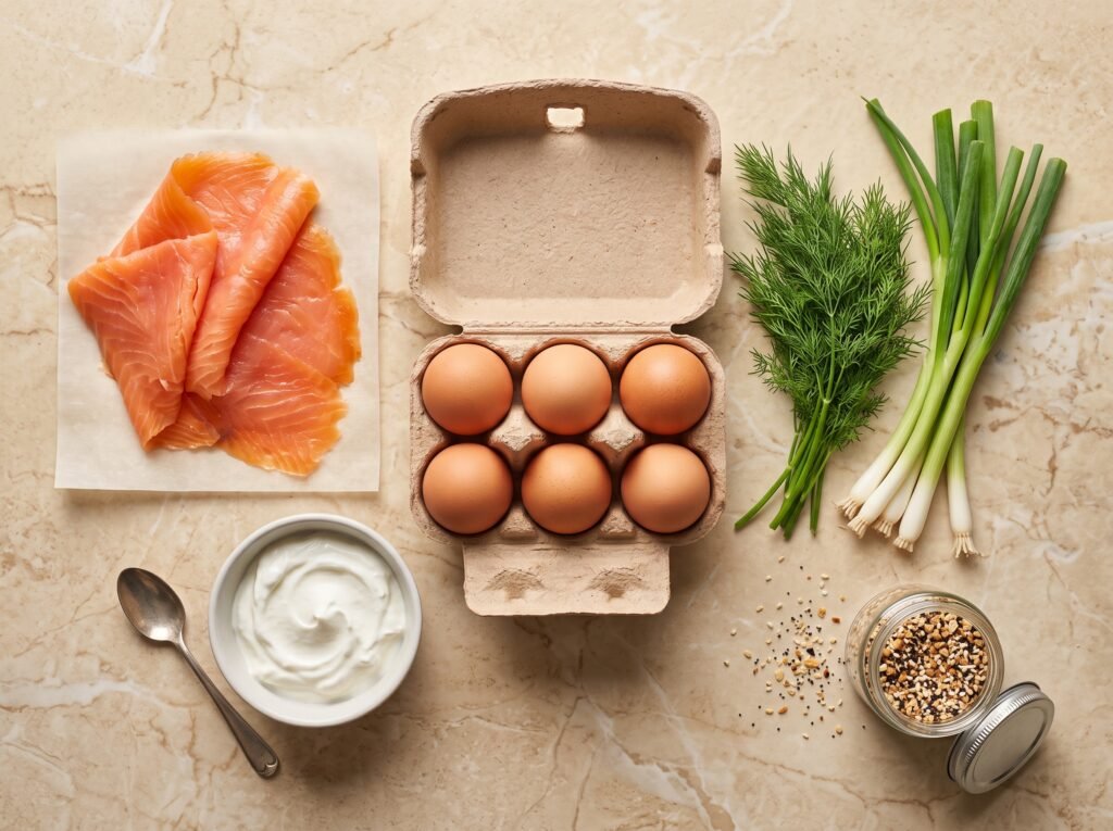 Raw ingredients for a crustless quiche including eggs, smoked salmon, Greek yogurt, and fresh dill.