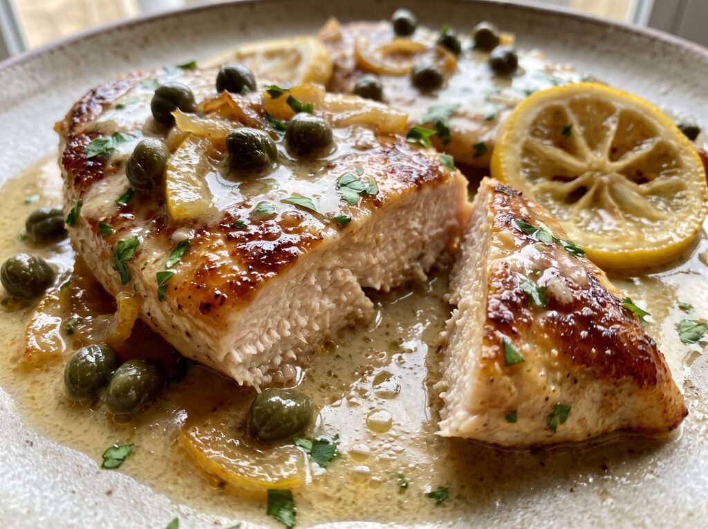 Macro close-up of tender chicken cutlet in a creamy lemon caper sauce with fresh herbs.