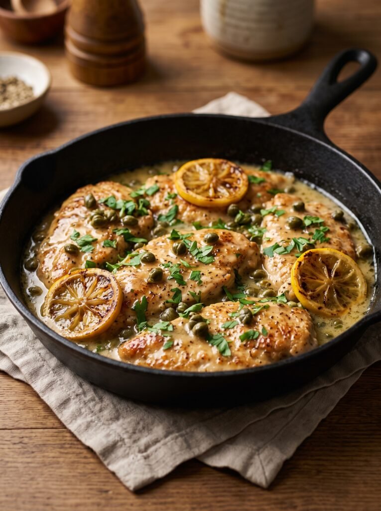 Creamy Lemon Chicken Piccata skillet with tender seared chicken cutlets, lemon slices, and capers.