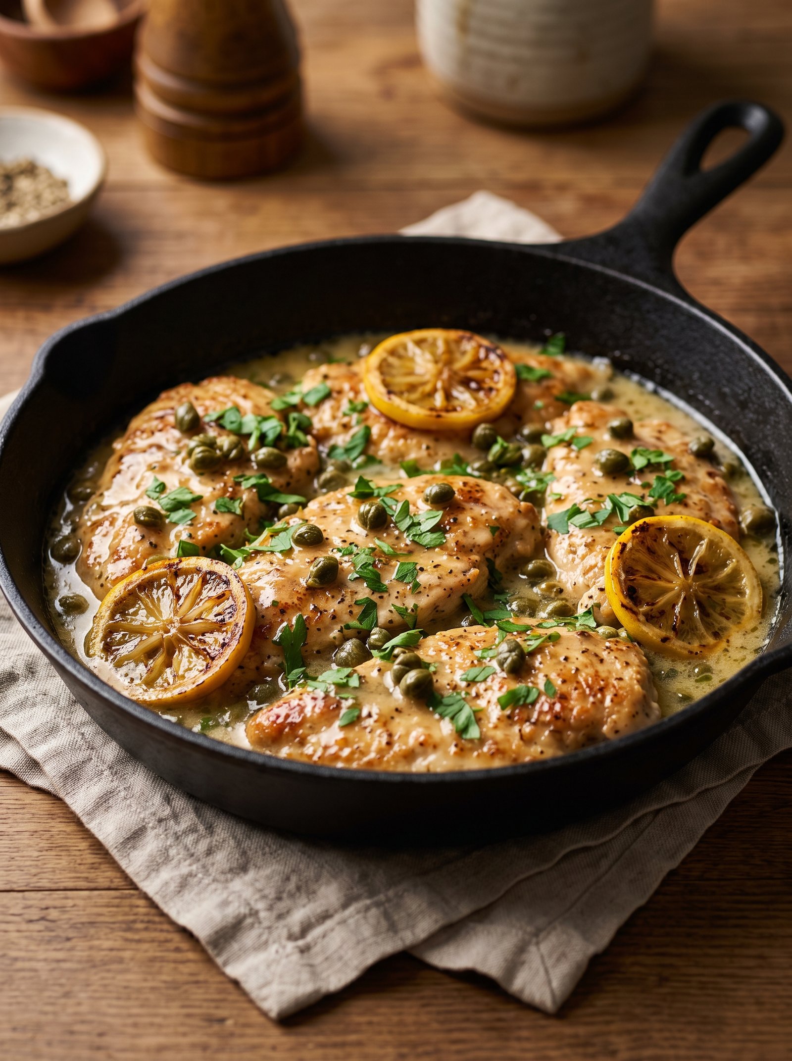 Creamy Lemon Chicken Piccata skillet with tender seared chicken cutlets, lemon slices, and capers.