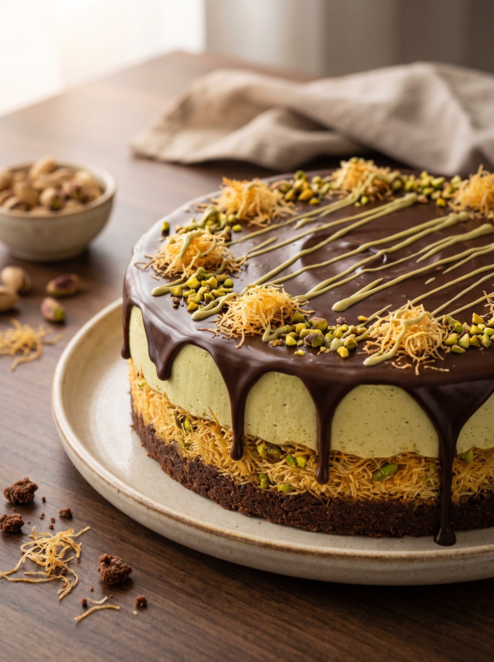Dubai Chocolate Cheesecake with pistachio kataifi and chocolate ganache