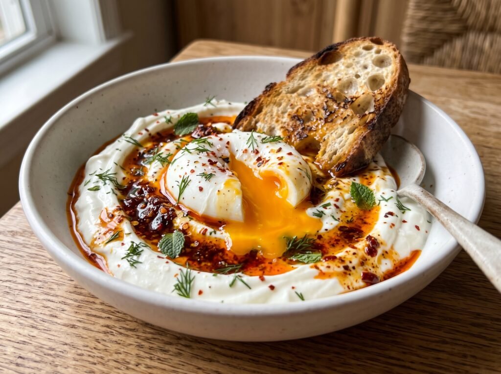 Close-up of a poached egg with a runny yolk and spicy chili oil over Greek yogurt.