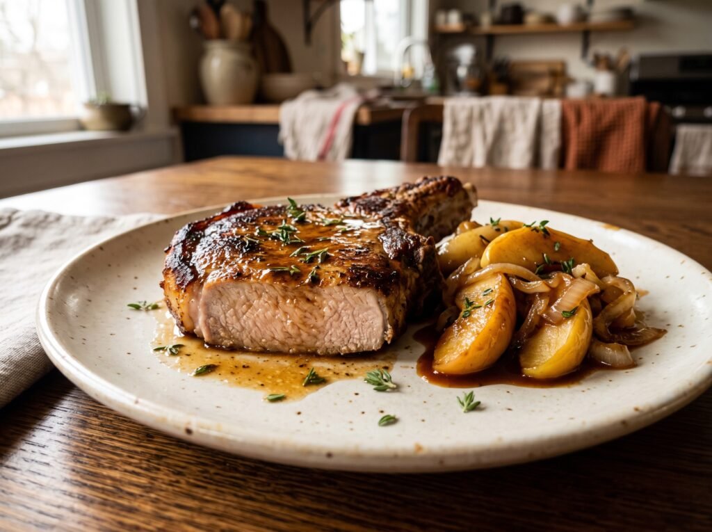 Close-up of a pork chop served with cider sauce, apples, and onions