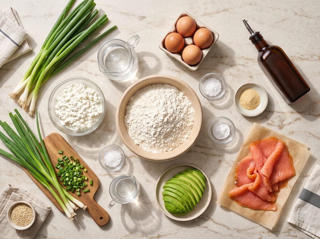 Raw ingredients for Scallion Pancake Wrap including cottage cheese, eggs, green onions, and sesame oil.