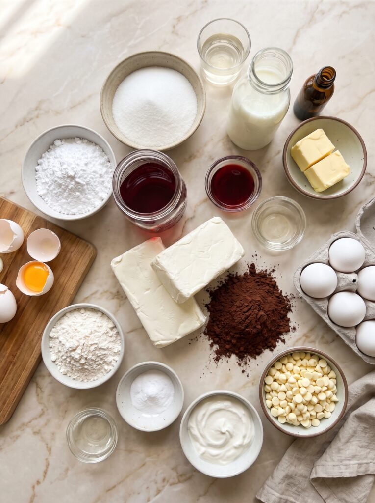 Ingredients for Red Velvet Cheesecake Cake with cream cheese, cocoa, buttermilk, and eggs