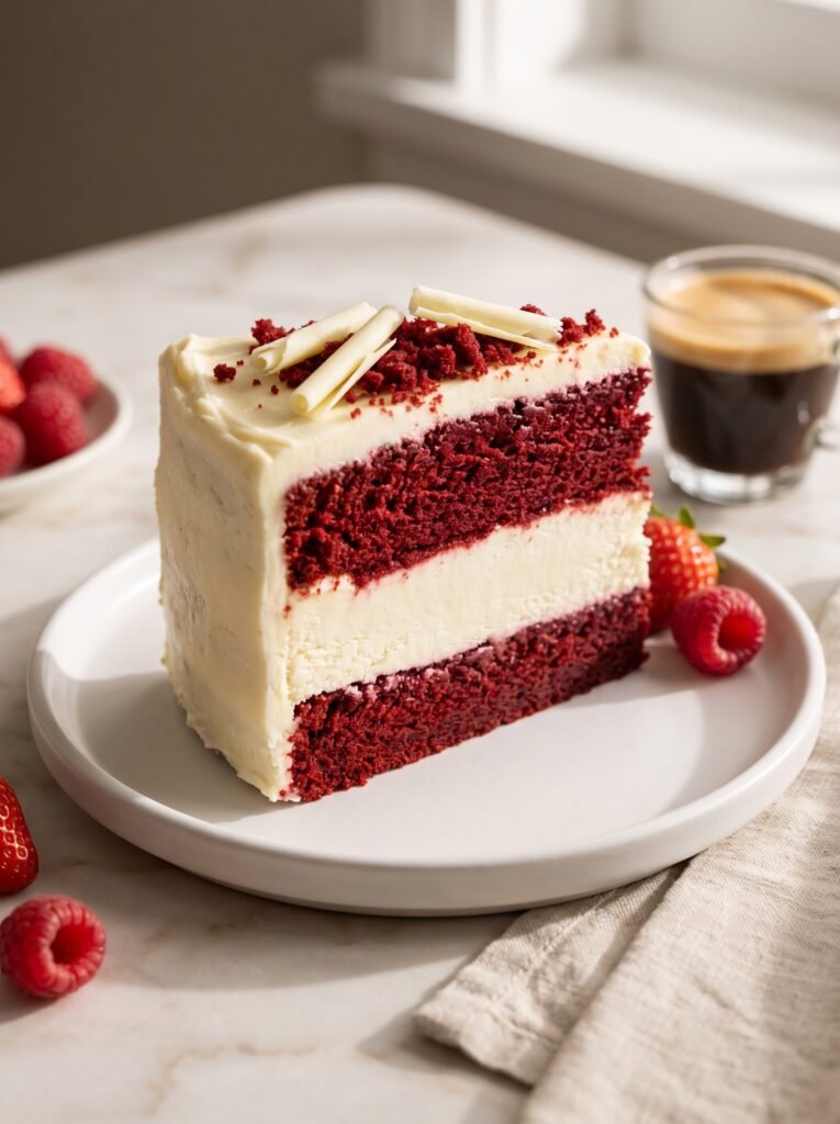 Sliced Red Velvet Cheesecake Cake with creamy cheesecake and cream cheese frosting