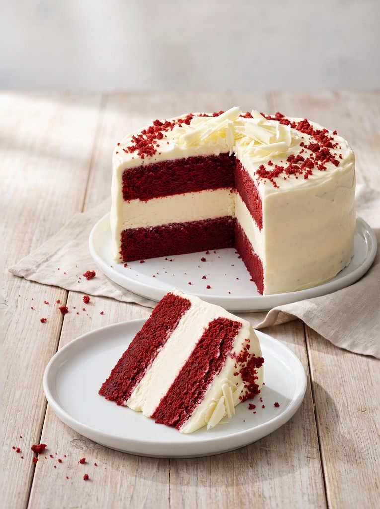 Red Velvet Cheesecake Cake with creamy cheesecake layer and cream cheese frosting