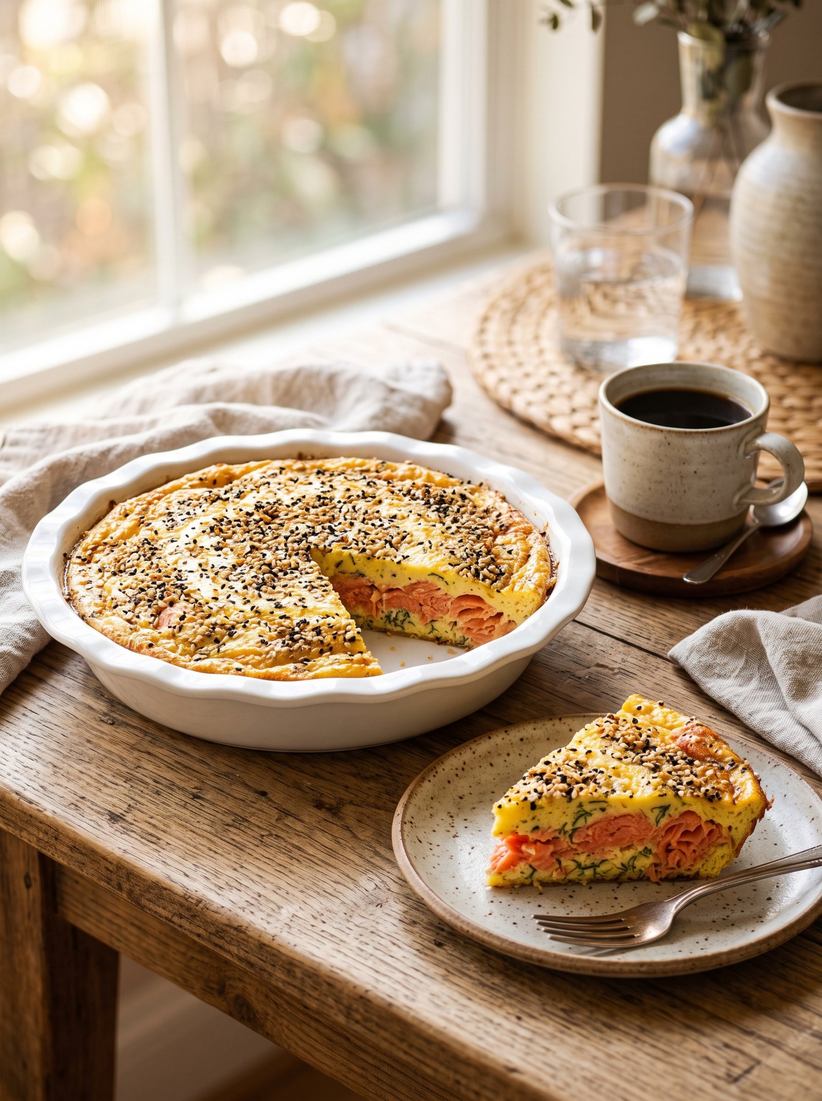 A slice of Crustless Smoked Salmon Quiche on a plate with Everything Bagel seasoning on top.