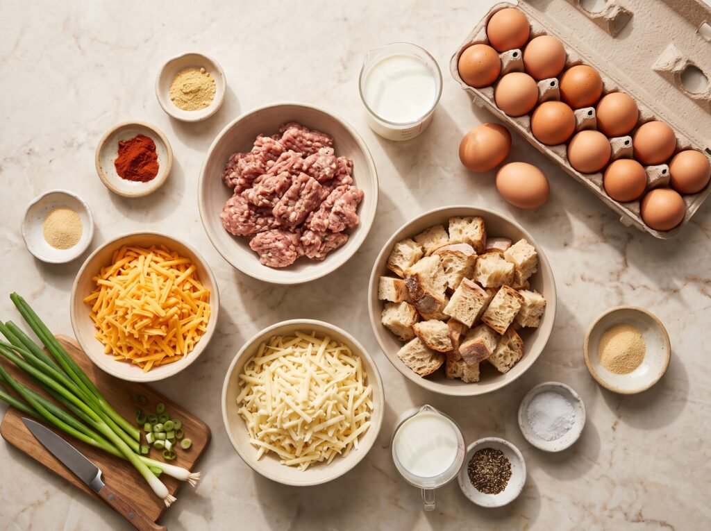 Sausage, Egg & Cheese Breakfast Casserole ingredients with eggs, sausage, bread, and cheese