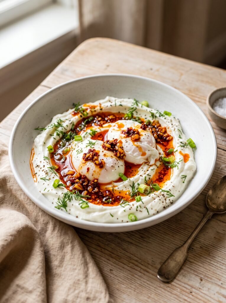 A beautiful Savory Yogurt Bowl featuring poached eggs and red chili crisp over a bed of creamy Greek yogurt.