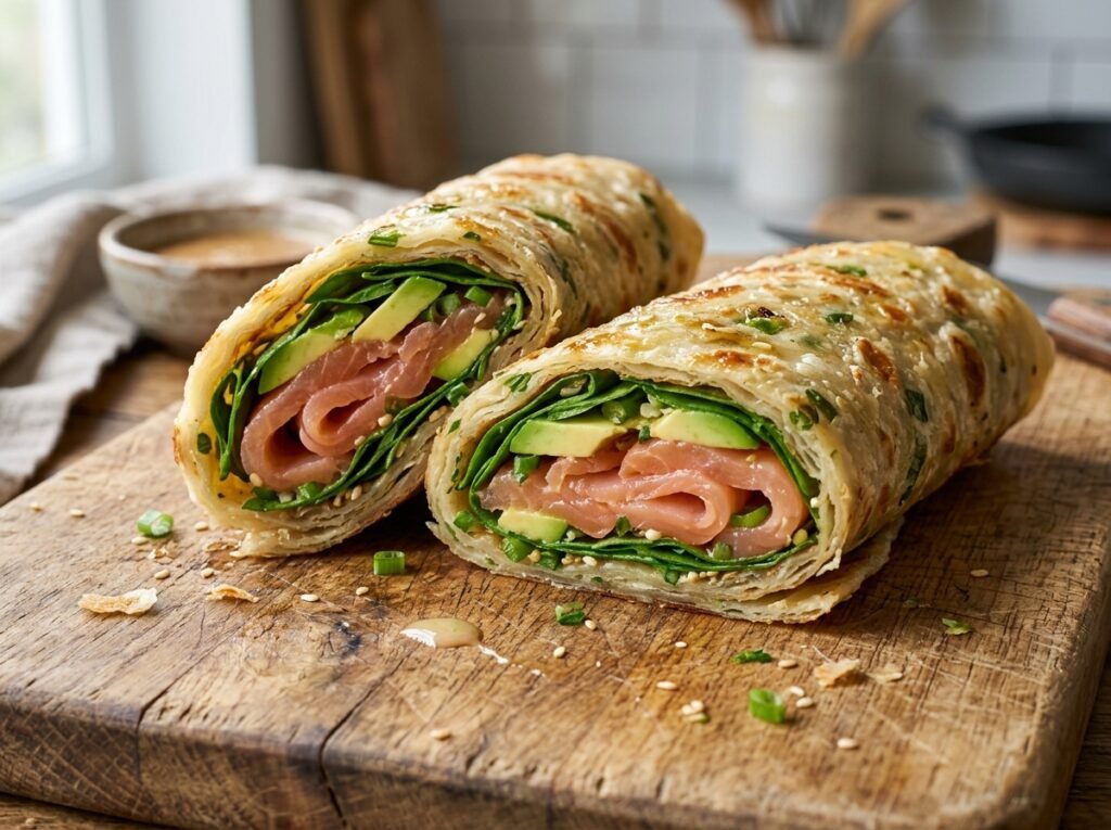 Macro close-up of baked Scallion Pancake Wrap showing golden texture and green onions.