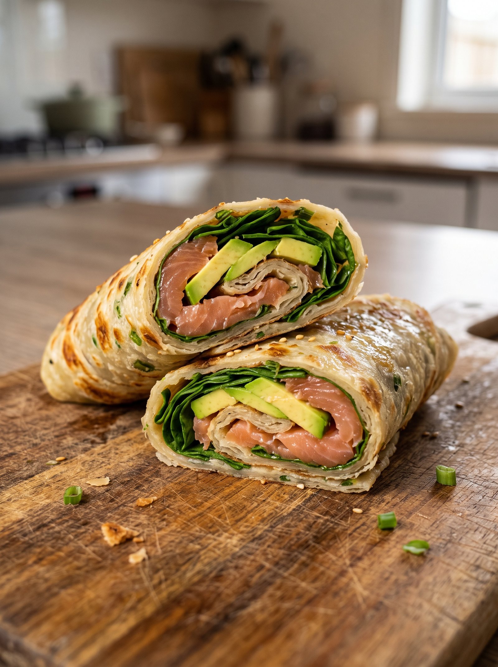 A sliced High-Protein Scallion Pancake Wrap filled with smoked salmon and avocado on a wooden board.