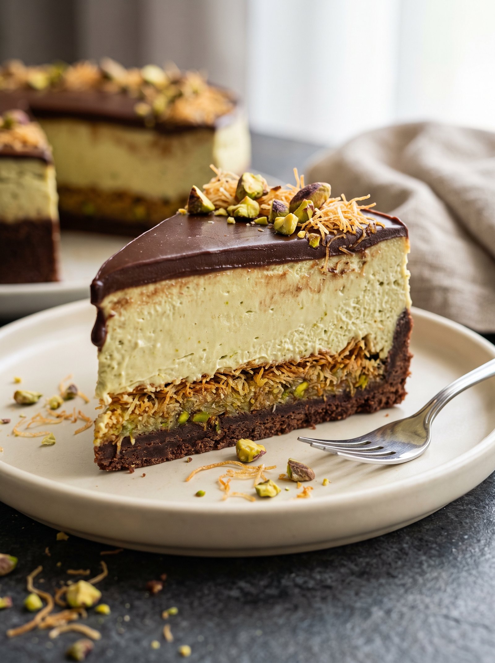 Sliced Dubai Chocolate Cheesecake with creamy pistachio filling and crispy kataifi