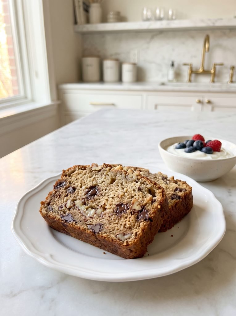 Moist cottage cheese banana bread sliced and served with ripe bananas