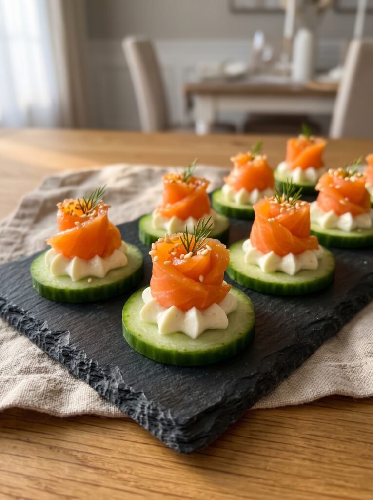 A dark slate board displaying elegant Smoked Salmon & Cucumber Bites garnished with fresh dill and sesame seeds.